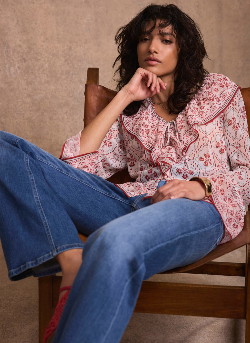 Pink Geo Print Ruffle Blouse
