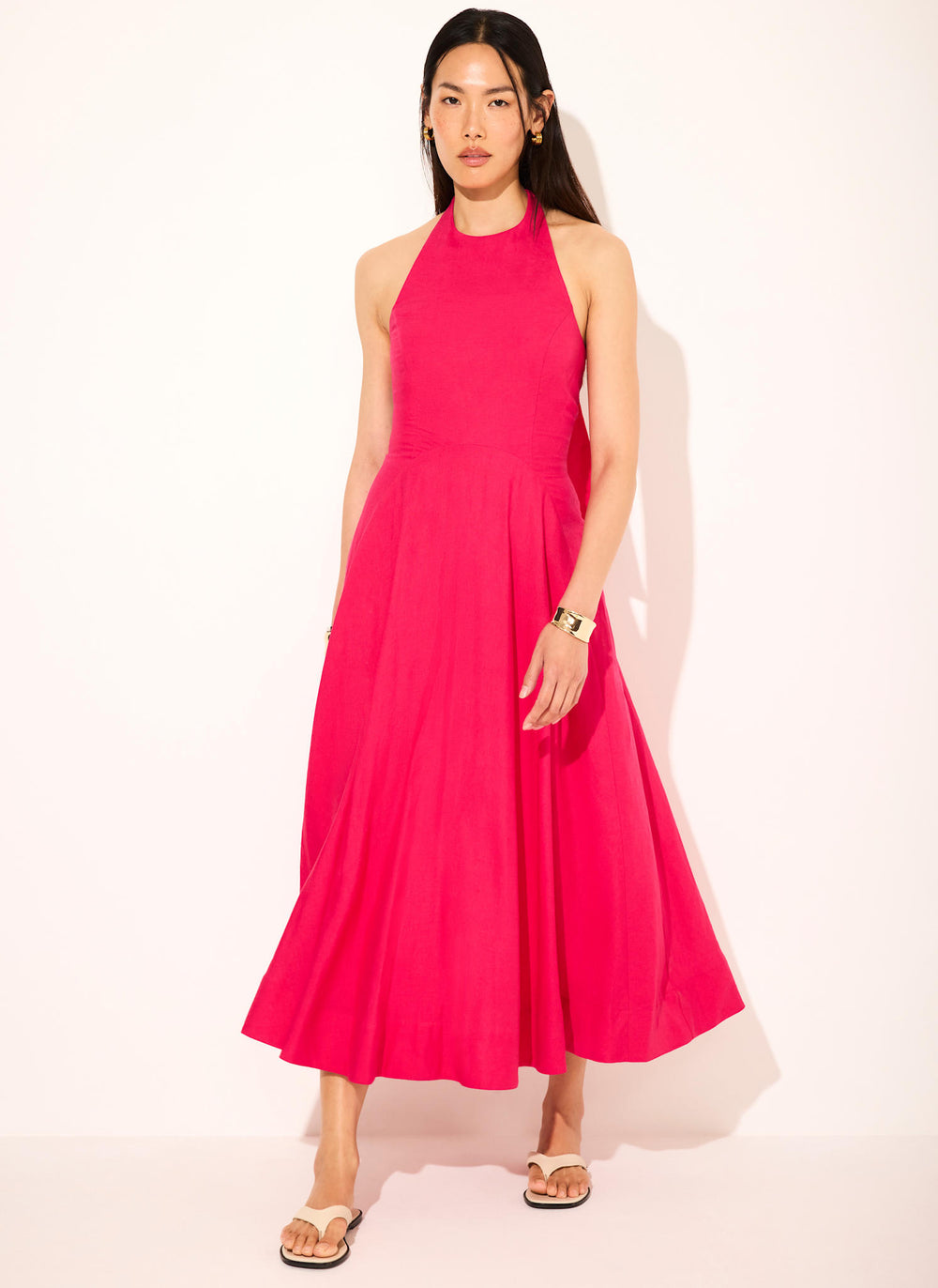 Pink Linen Blend Halter Midi Dress