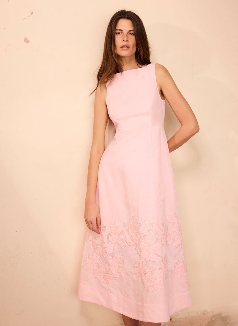 Pink Linen Blend Lace Midi Dress