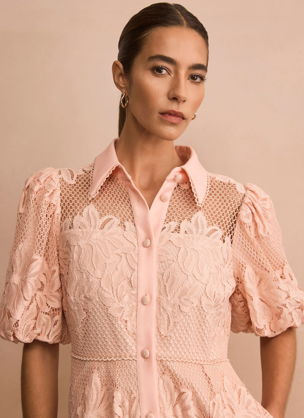 Pale Pink Lace Midi Shirt Dress