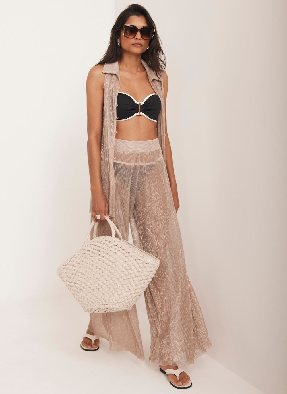 Pink Metallic Top And Trouser Beach Set