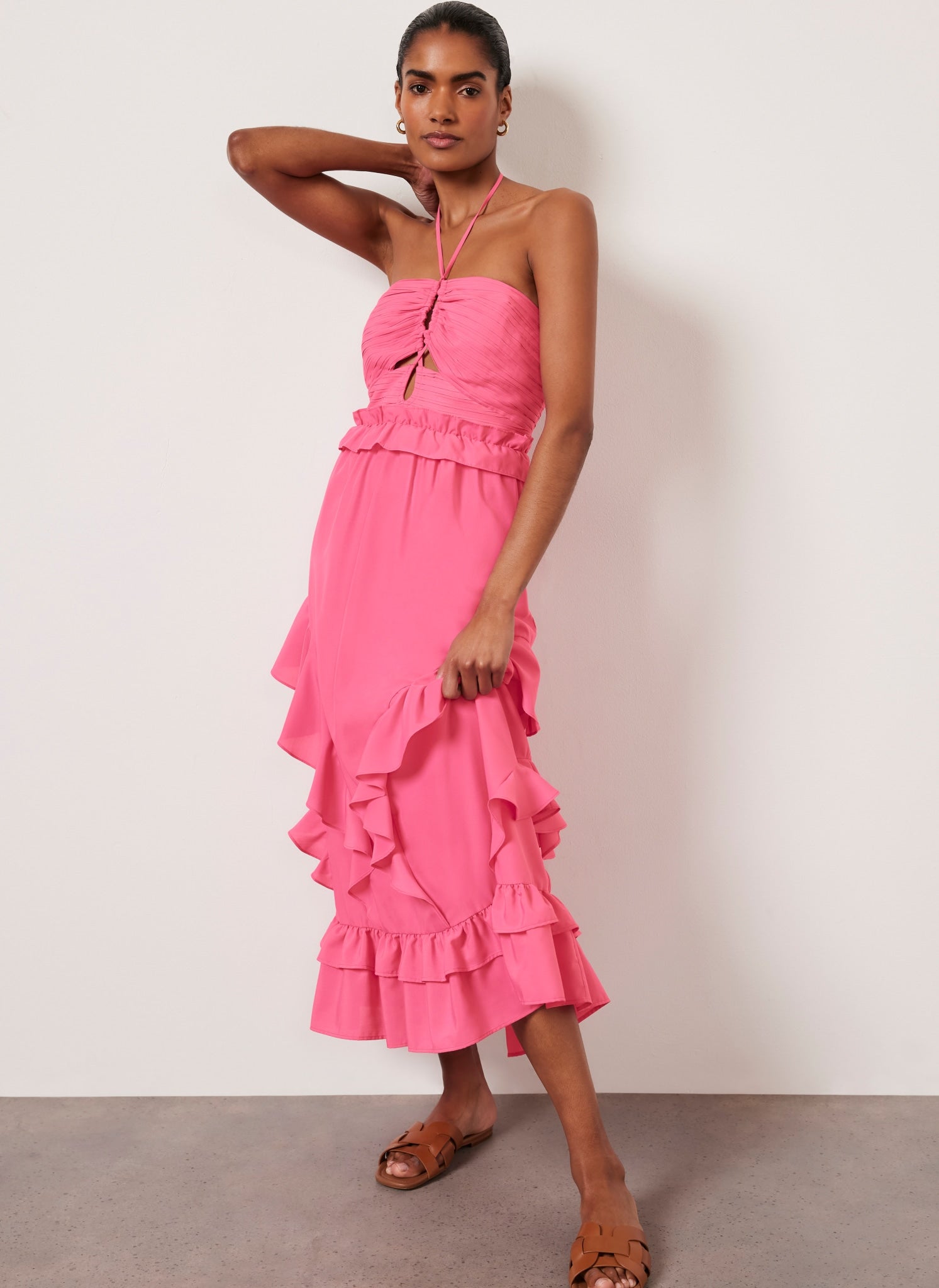 Pink Ruffle Halter Midi Dress – Mint Velvet