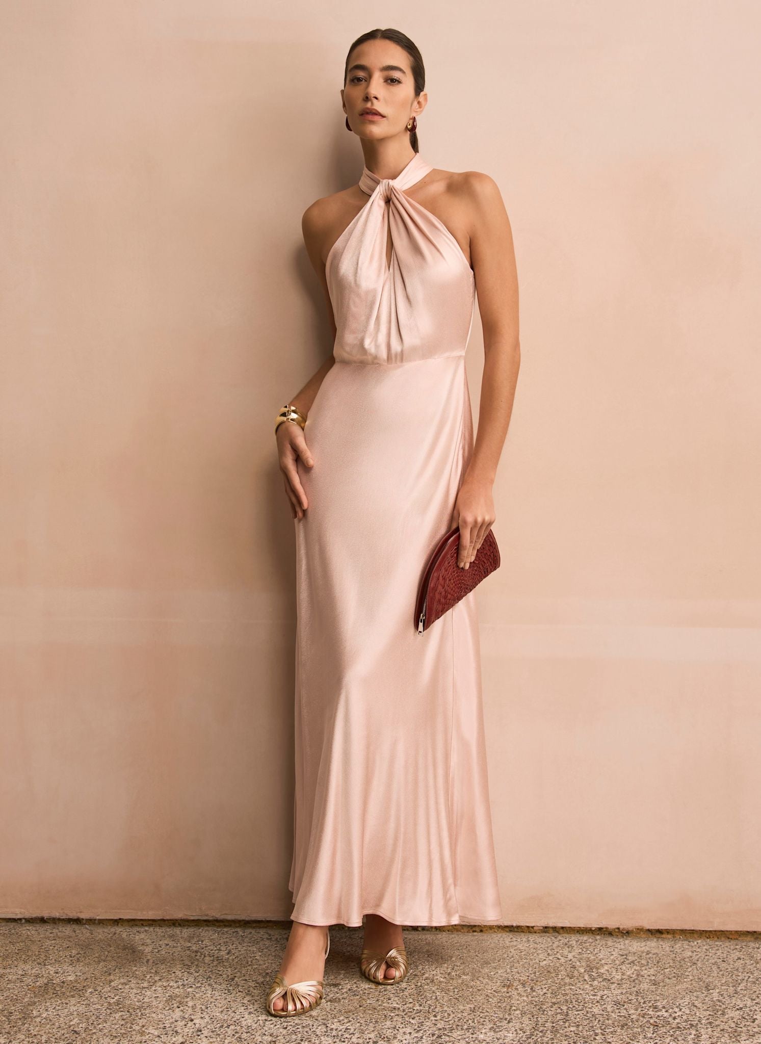 Mint Velvet Pink Satin Halter Maxi Dress | Size 12 | Pink | Sleeveless