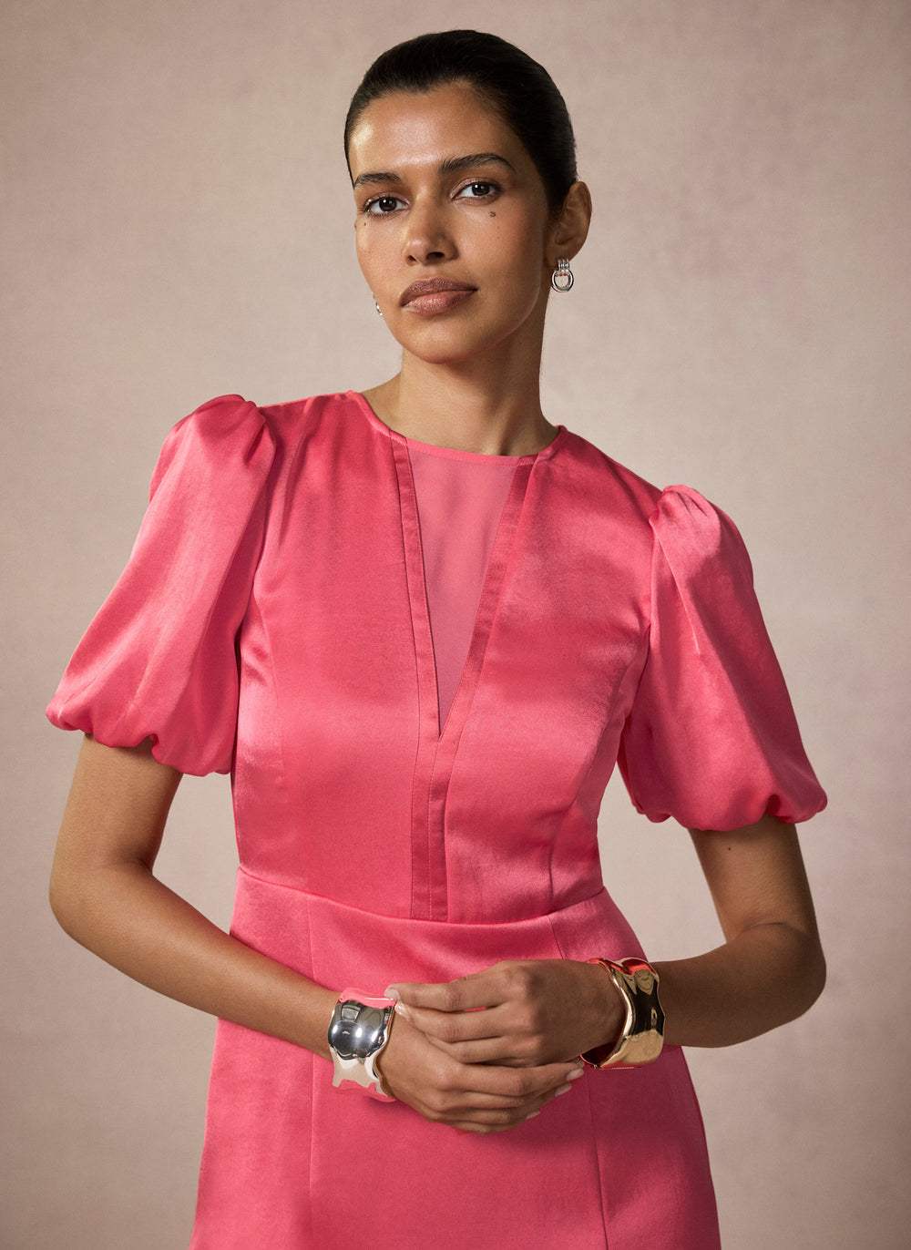 Pink Satin Pleated Maxi Dress