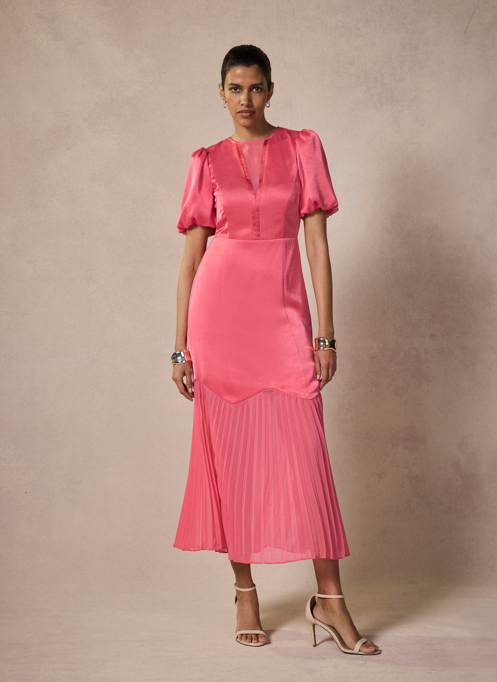 Pink Satin Pleated Maxi Dress