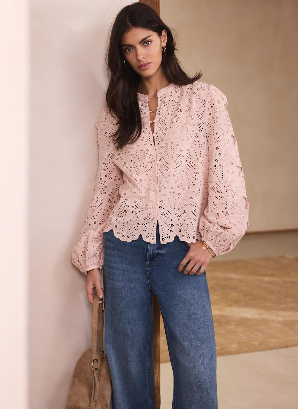 Pink Cotton Broderie Detail Blouse