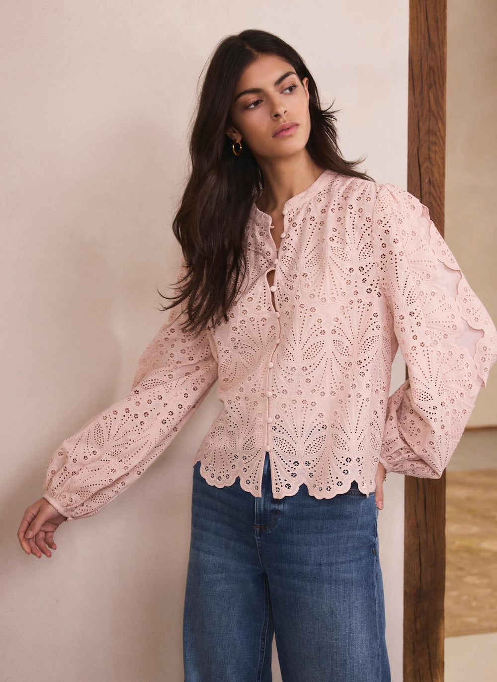 Pink Cotton Broderie Detail Blouse