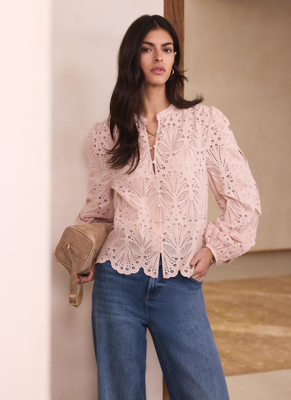 Pink Cotton Broderie Detail Blouse