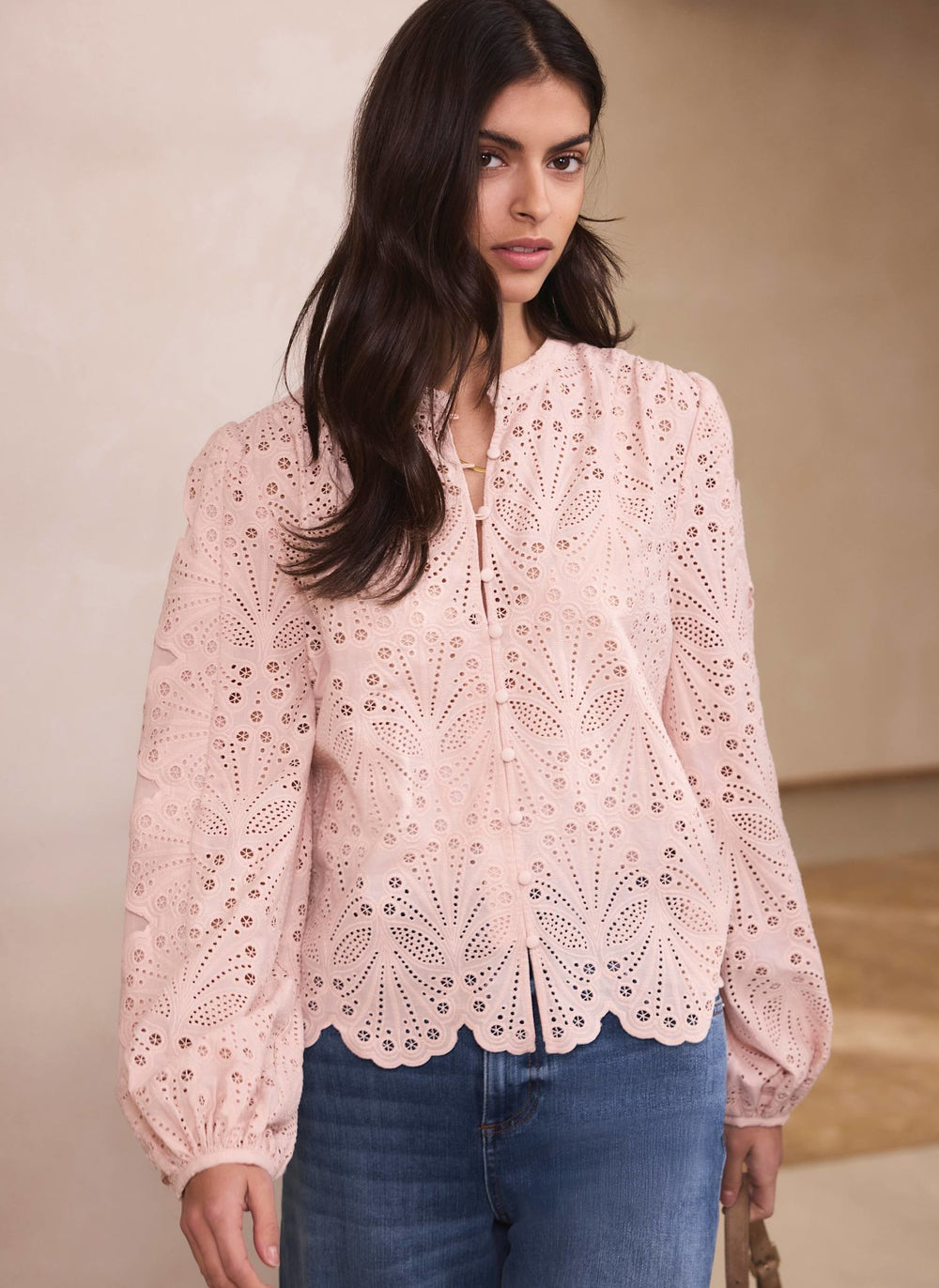 Pink Cotton Broderie Detail Blouse