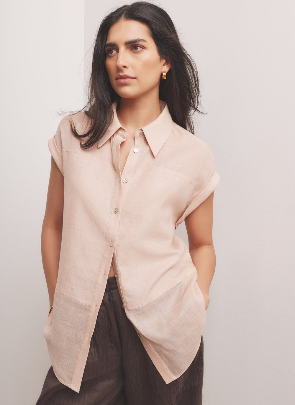 Pink Linen Blend Sheer Panel Shirt