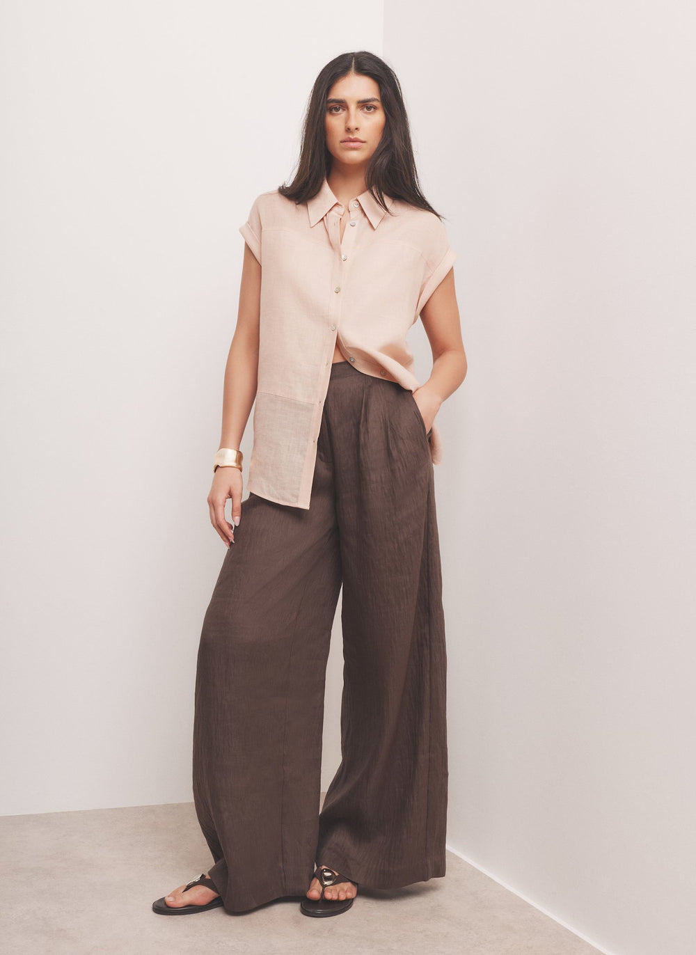 Pink Linen Blend Sheer Panel Shirt
