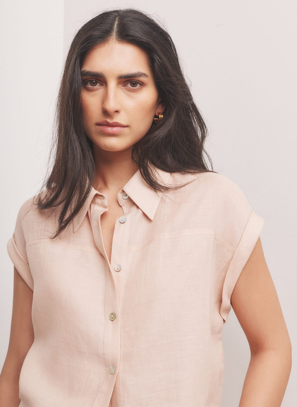 Pink Linen Blend Sheer Panel Shirt