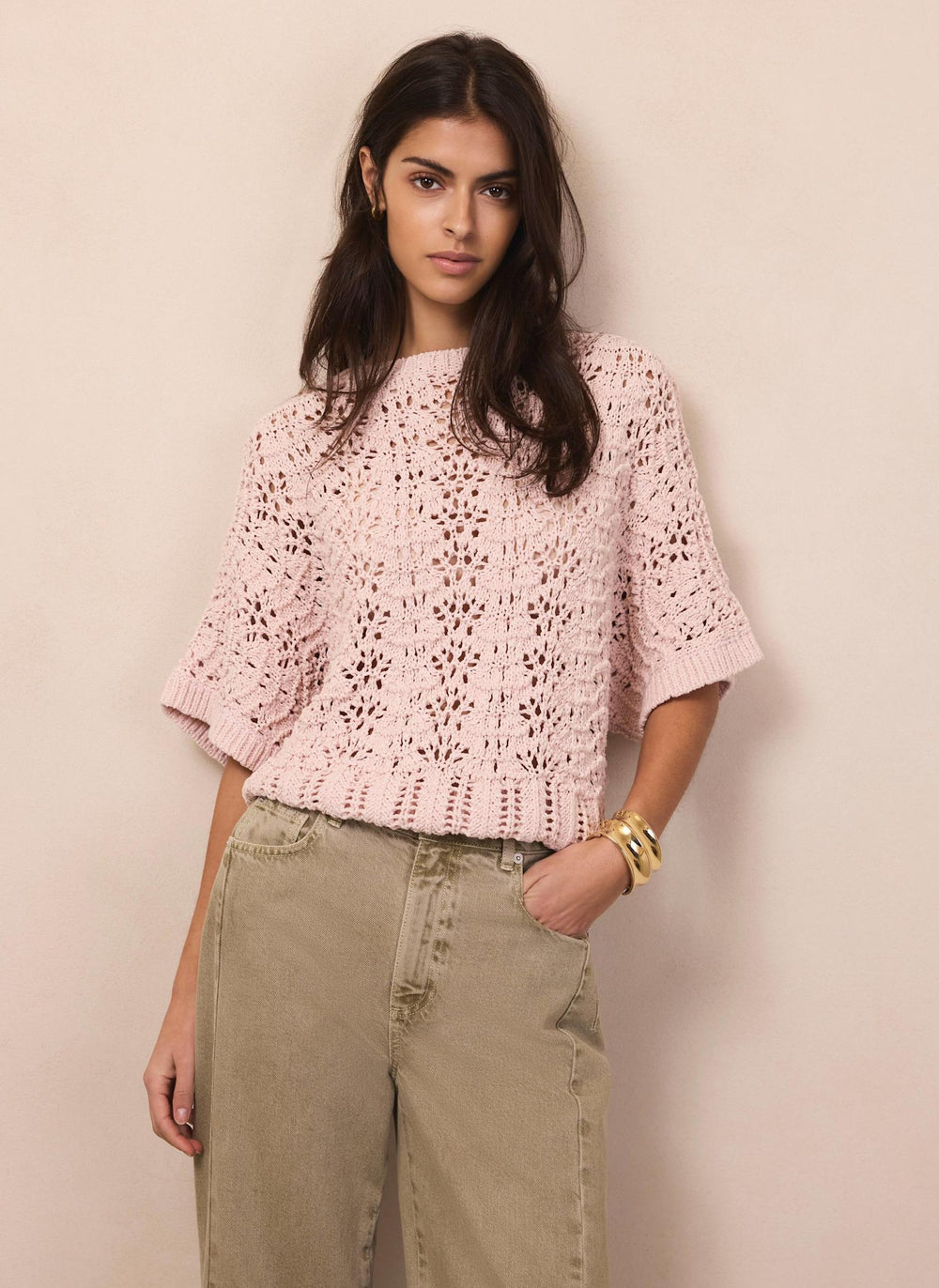 Pink Open Stitch Batwing Top