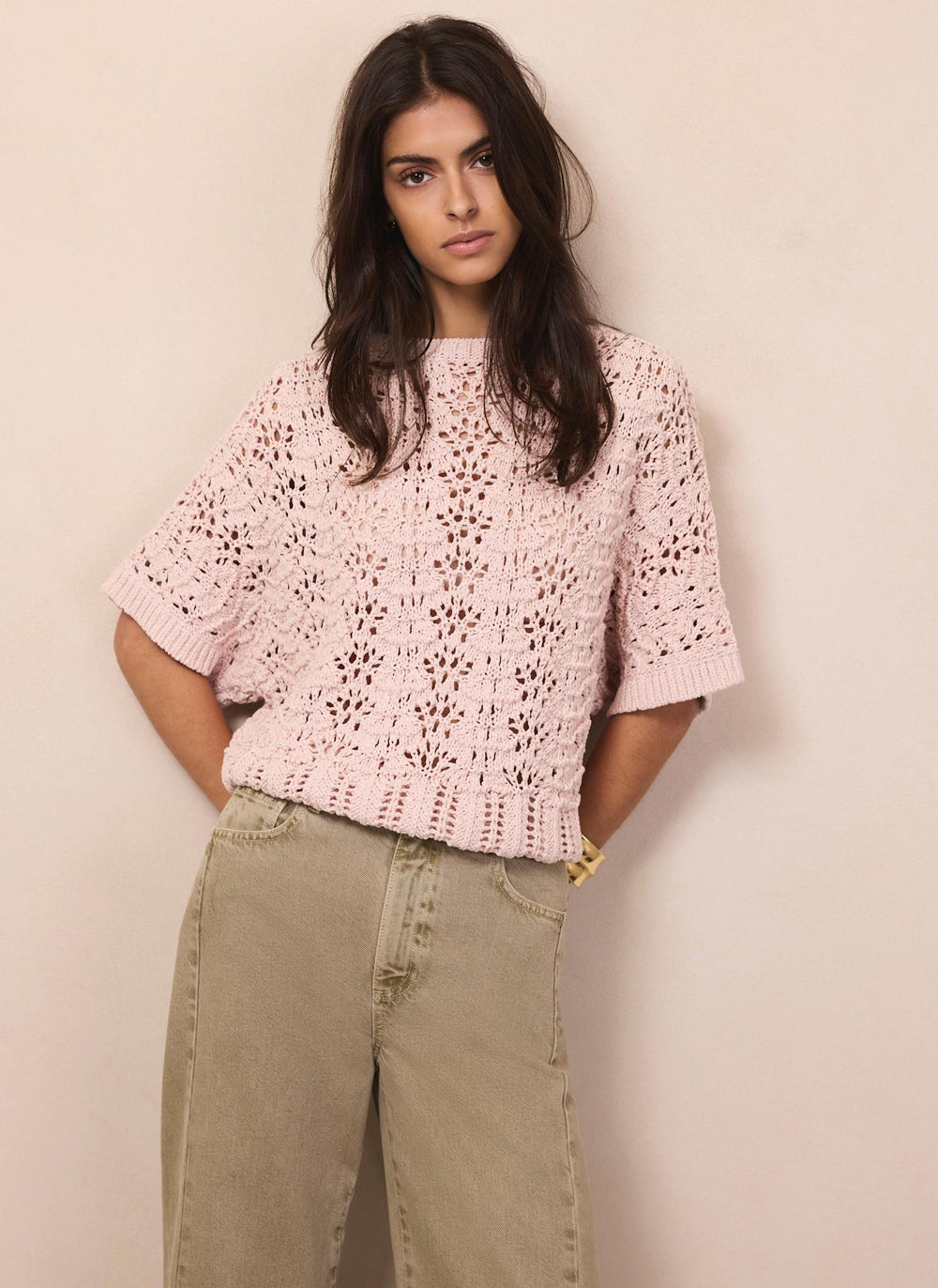 Pink Open Stitch Batwing Top