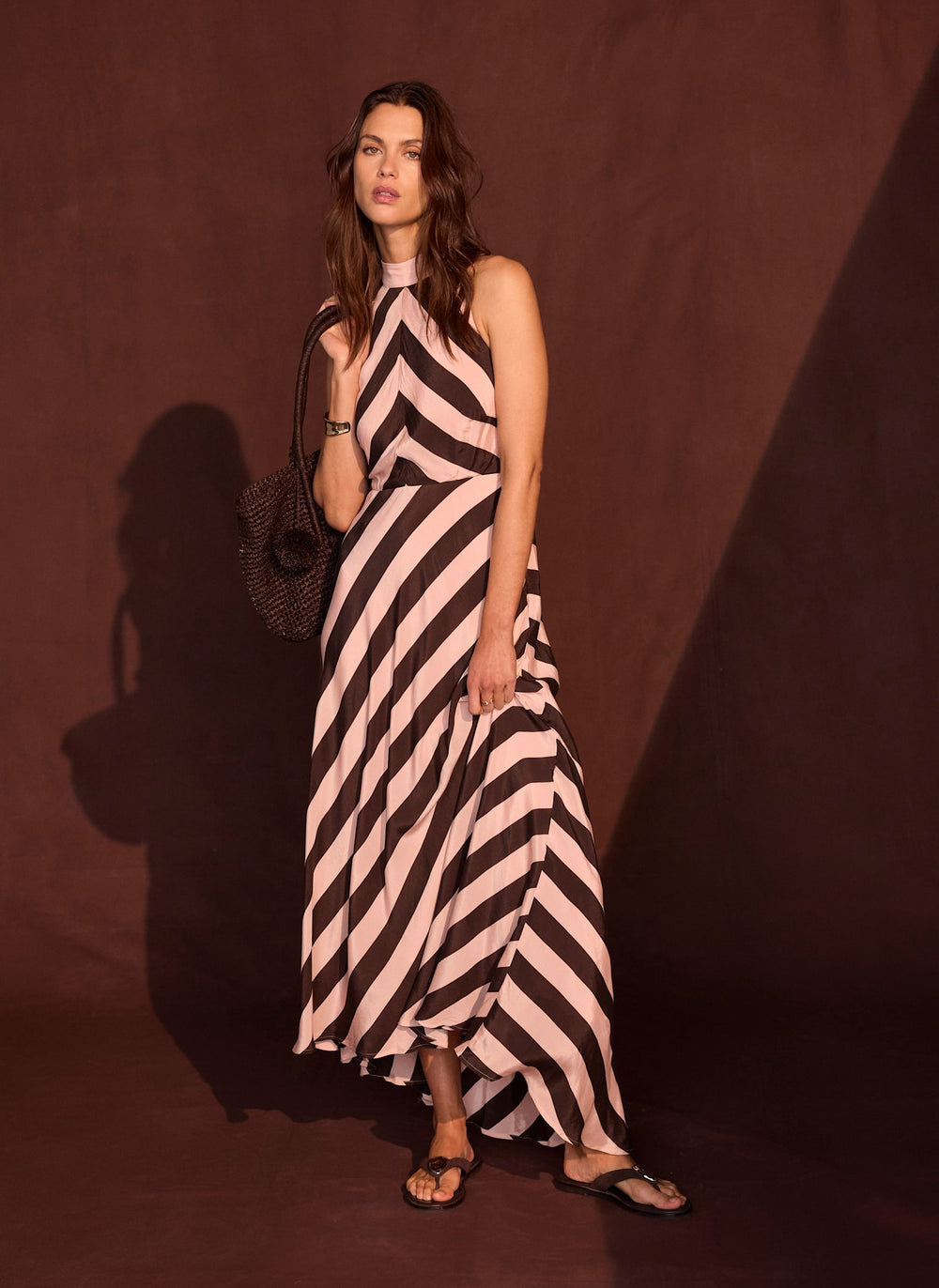 Pink & Brown Striped Halter Maxi Dress