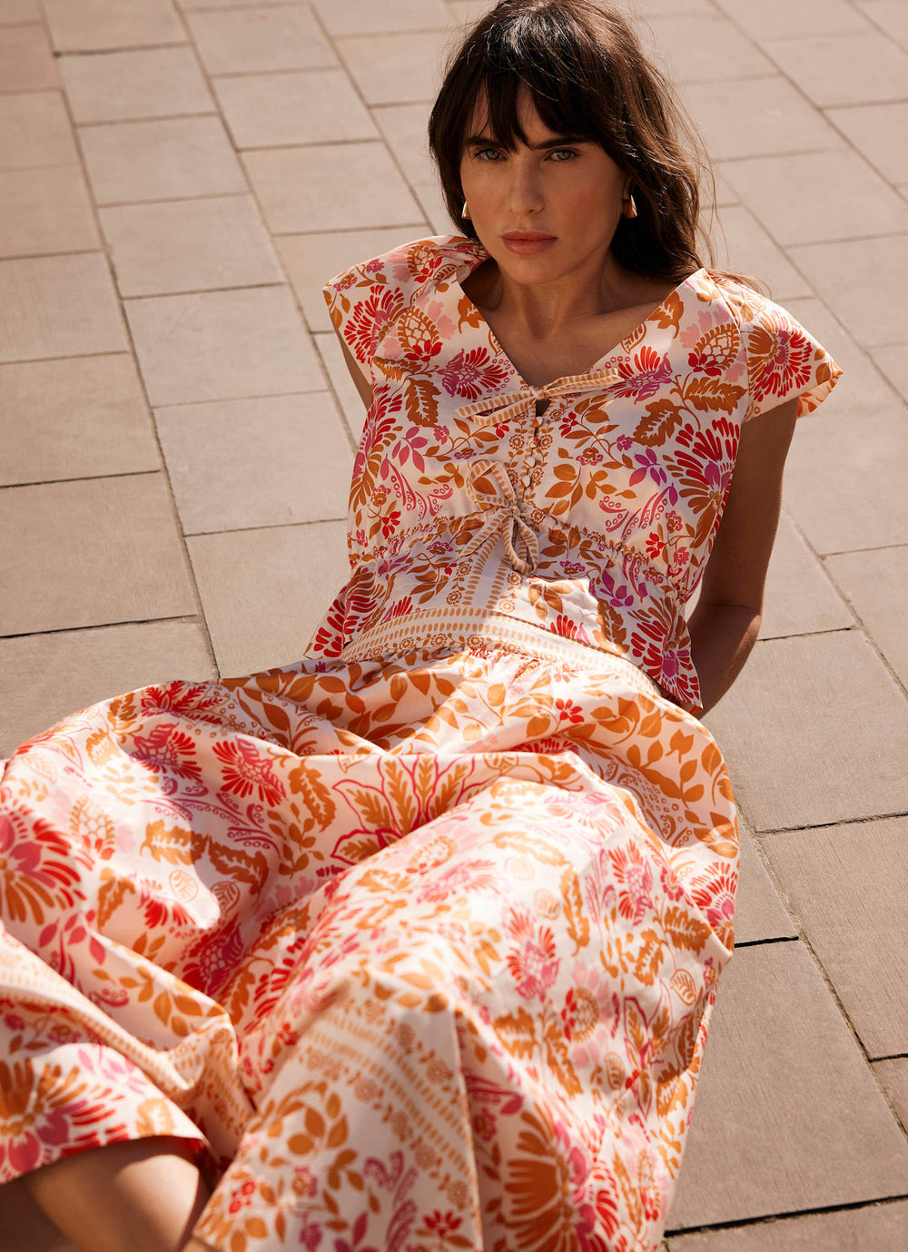 Orange Floral Print Tie Front Top