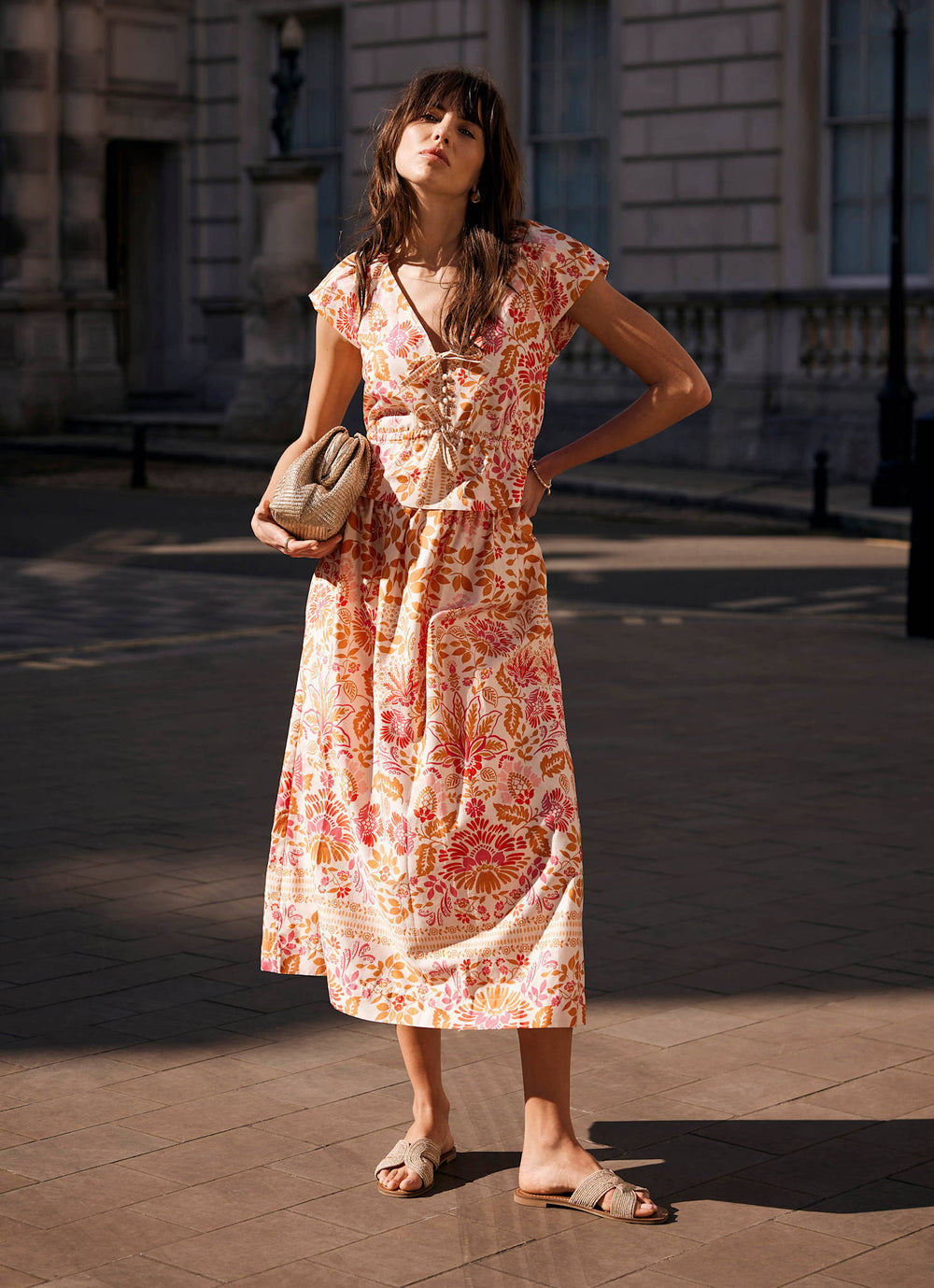 Orange Floral Print Midi Skirt