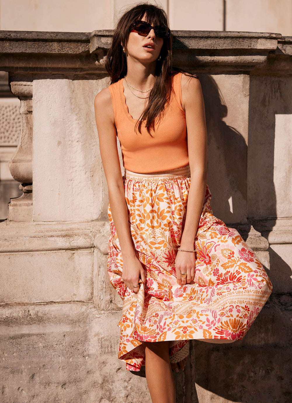 Orange Floral Print Midi Skirt