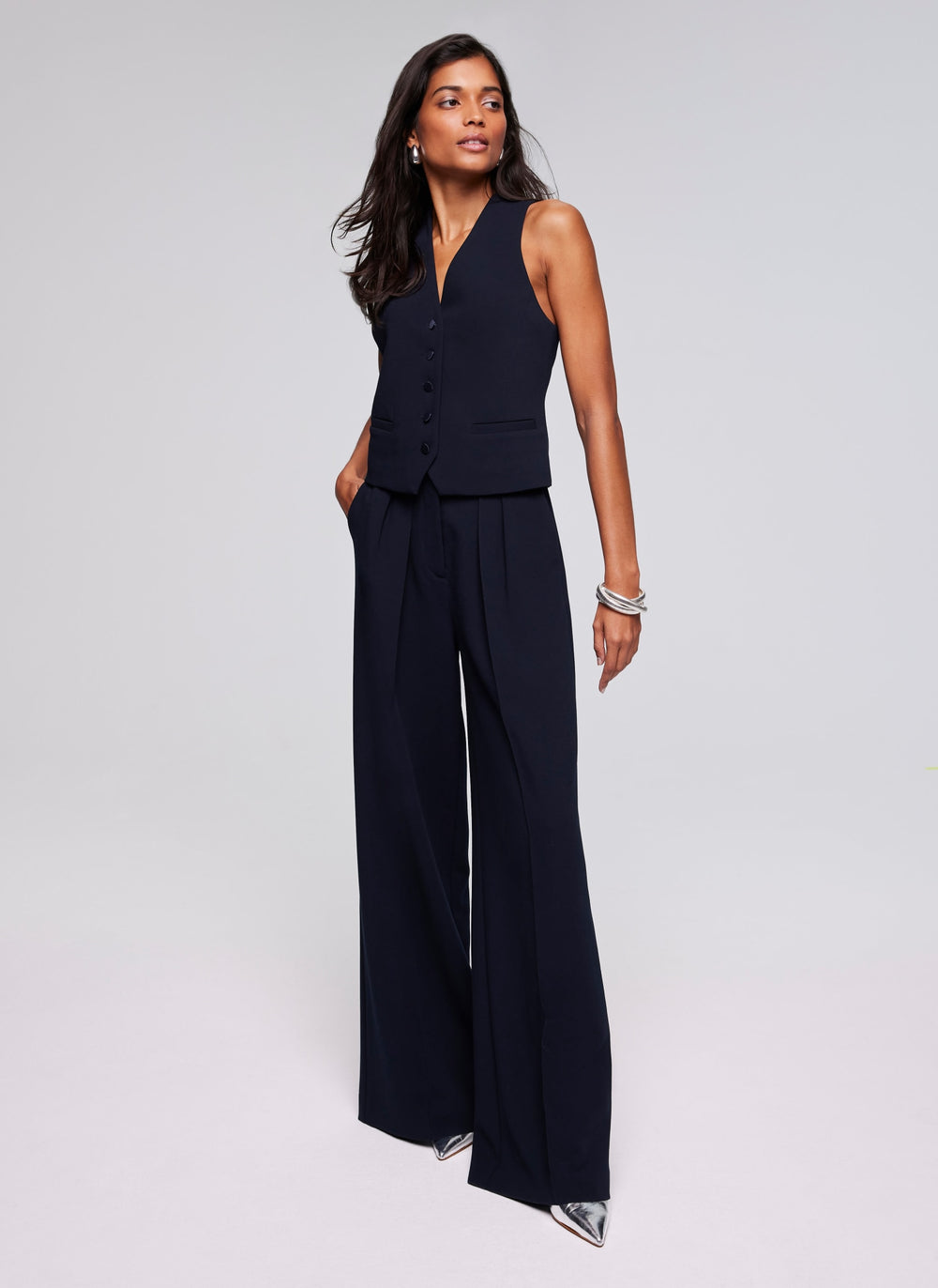 Navy Pleated Wide Trousers