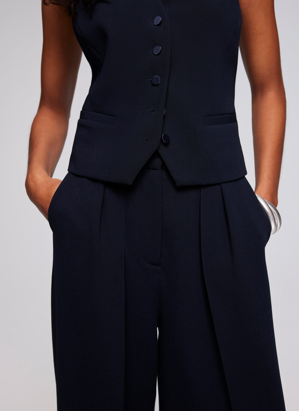 Navy Pleated Wide Trousers