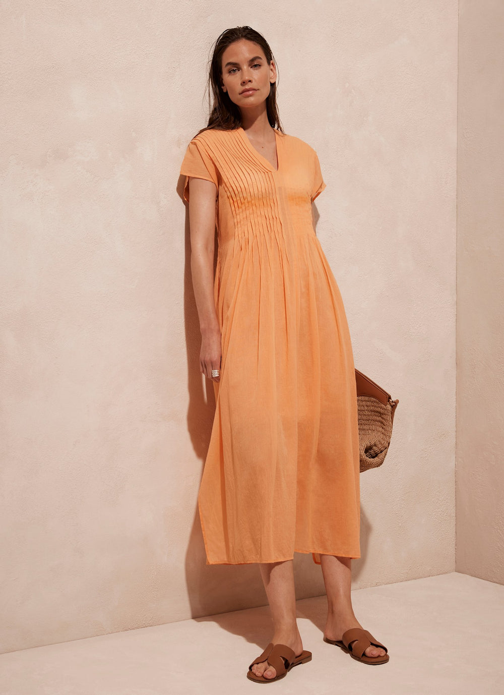 Orange Pleated Cotton Maxi Dress