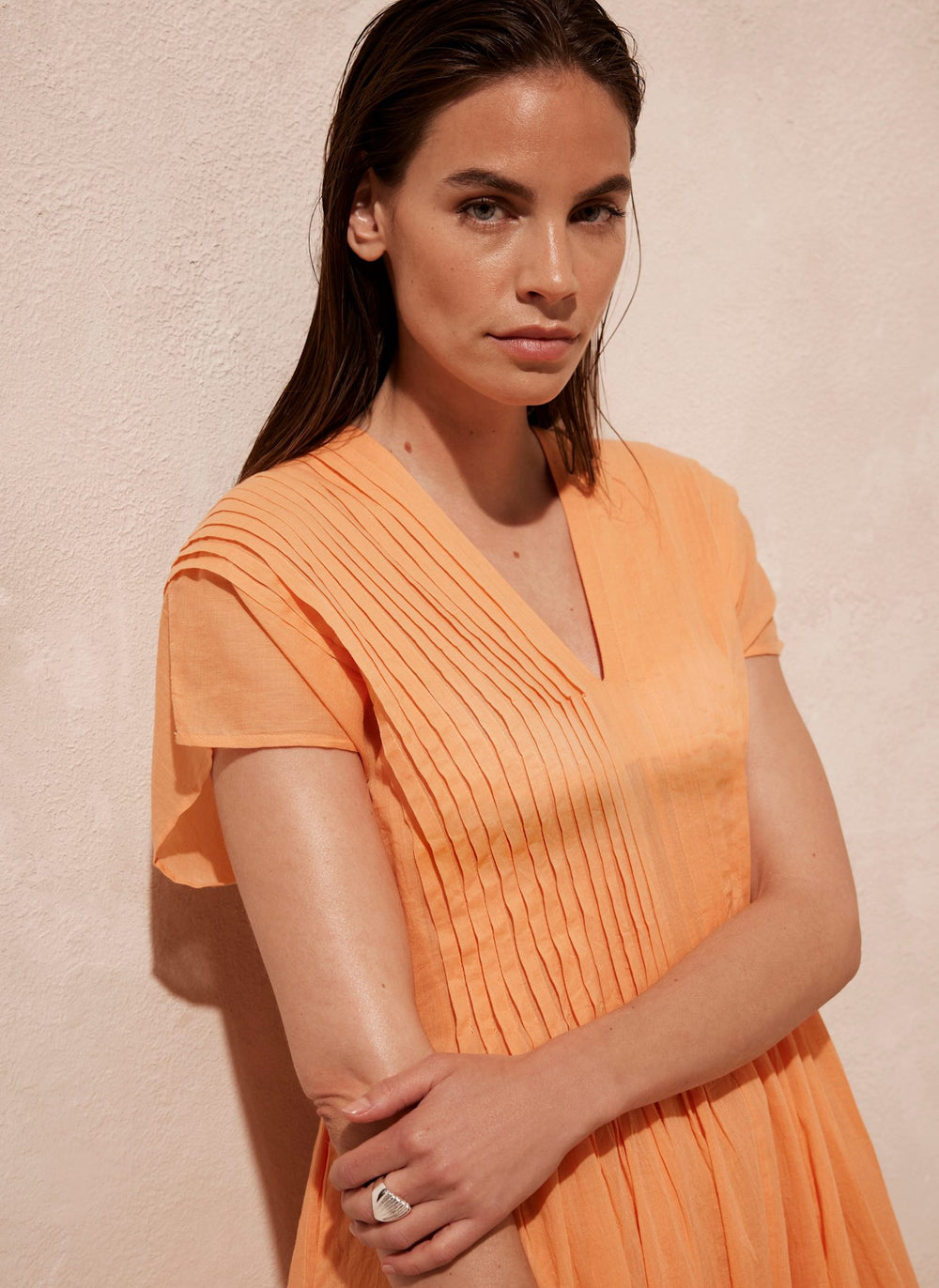 Orange Pleated Cotton Maxi Dress