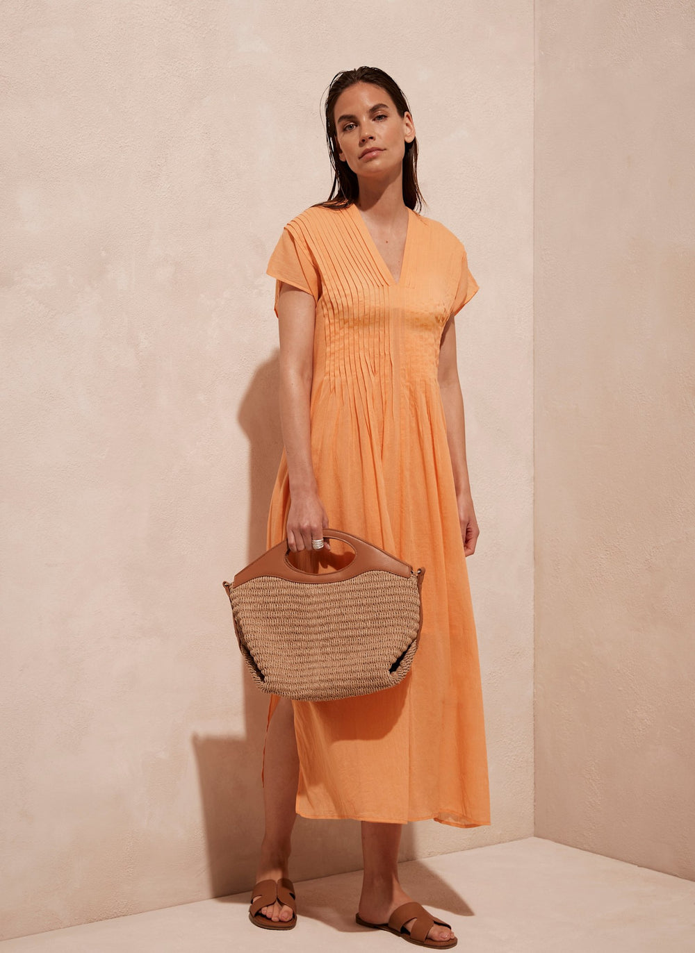 Orange Pleated Cotton Maxi Dress