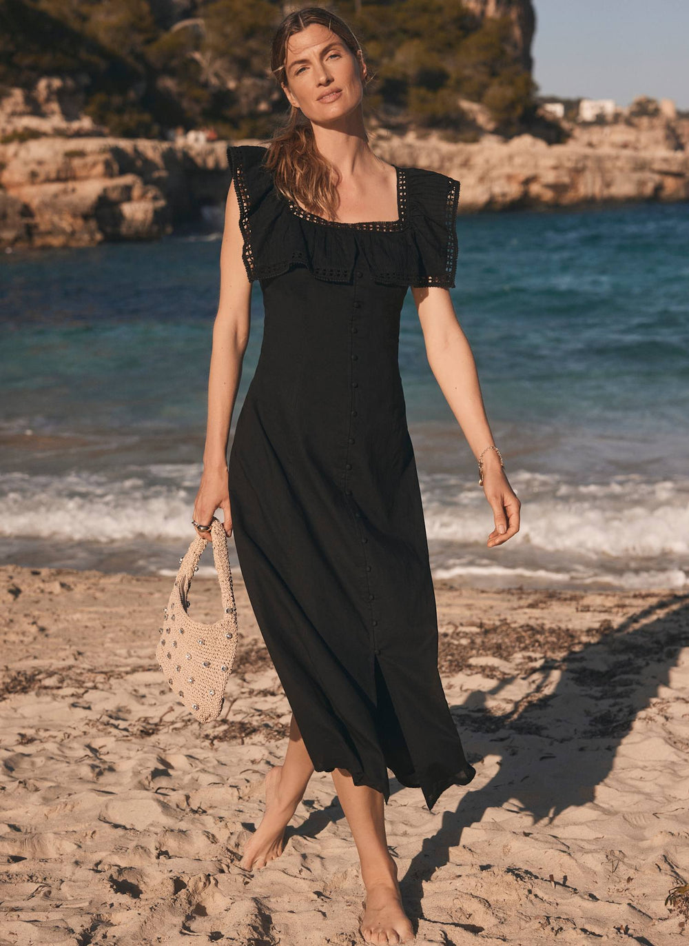 Black Poet Collar Midi Dress