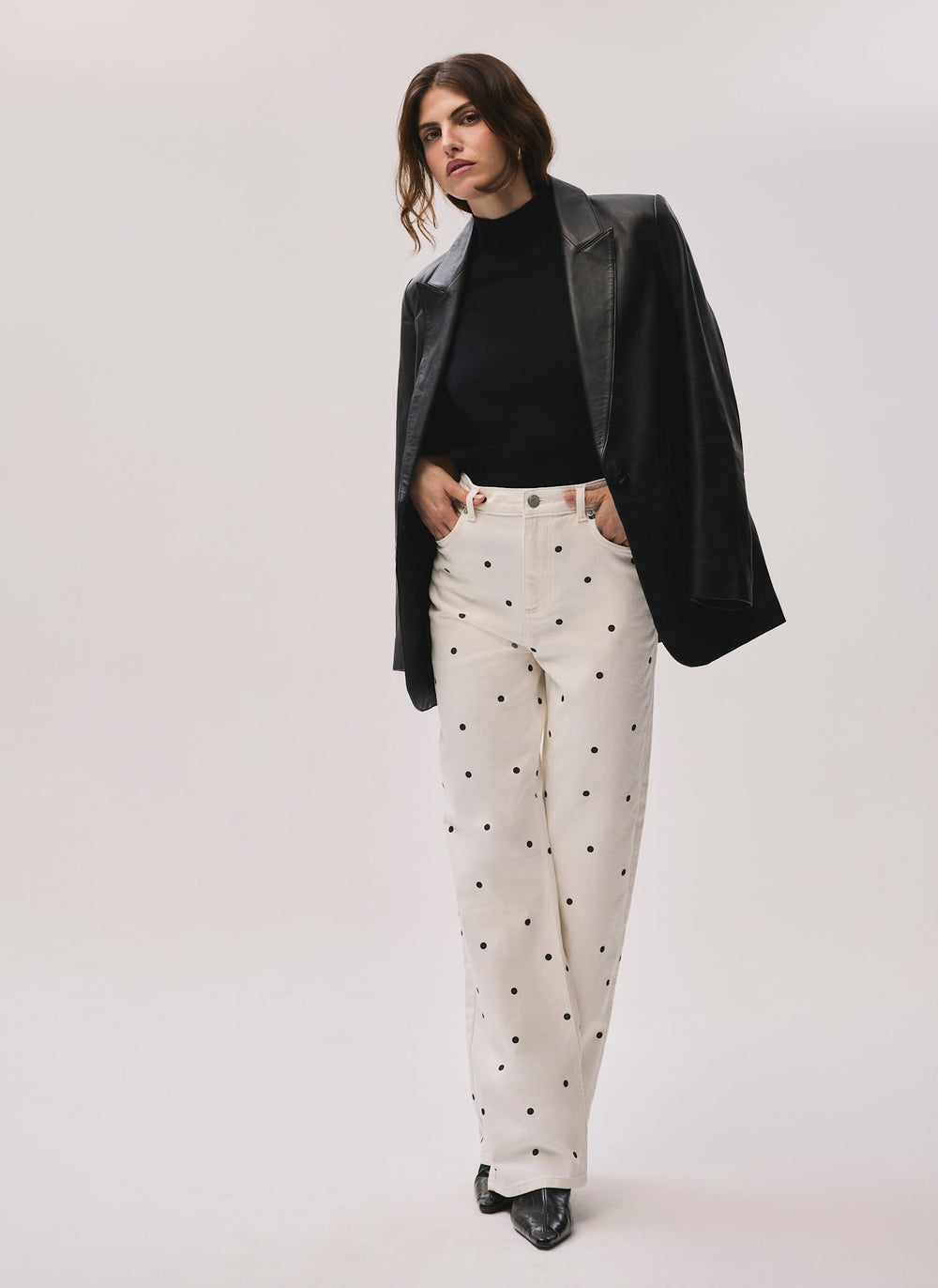 Cream Polka Dot Wide Jeans