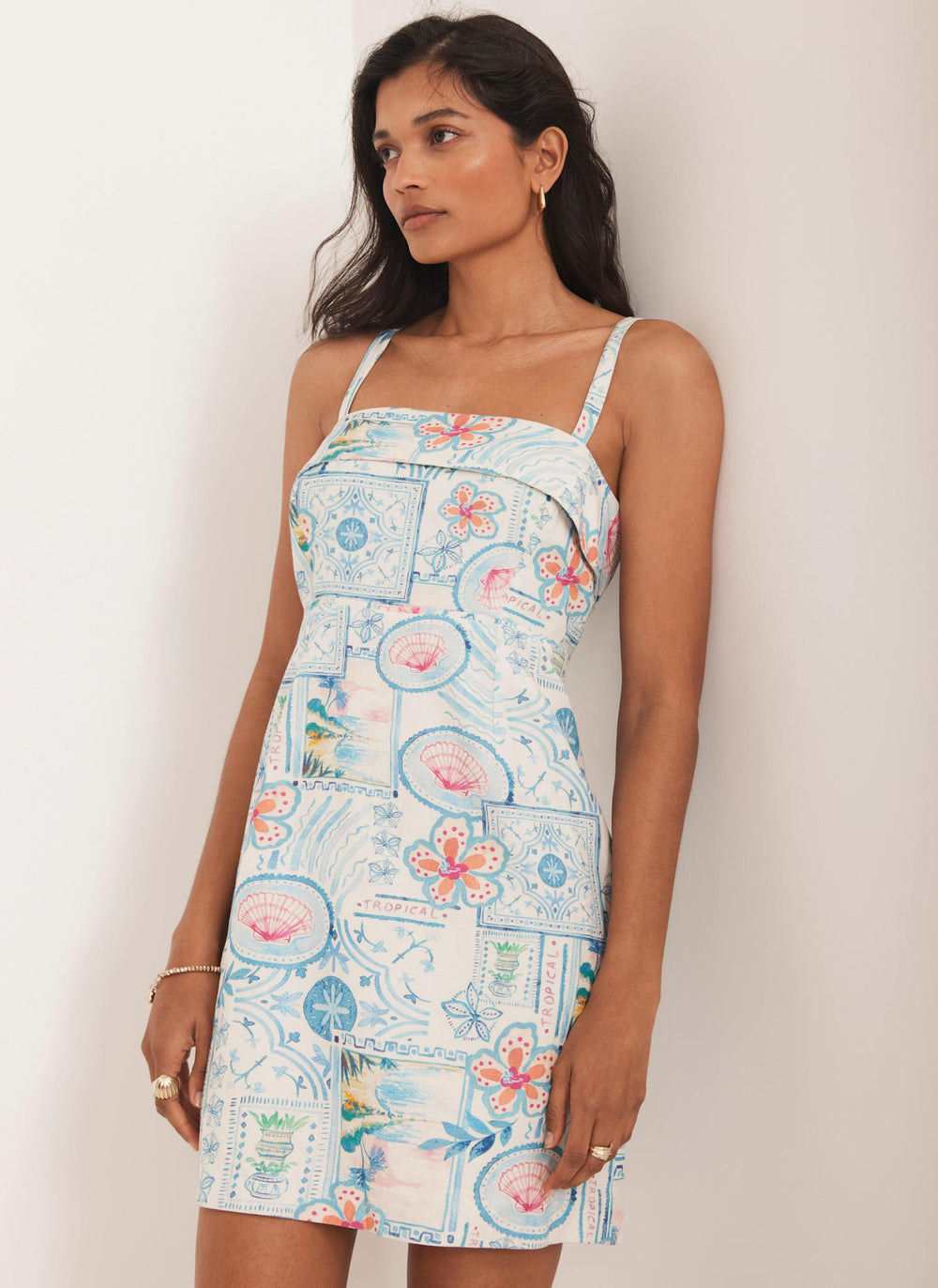 Cream Postcard Print Mini Shift Dress