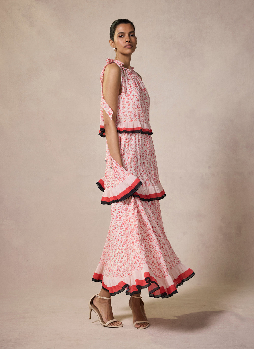 Pink Printed Tiered Midaxi Dress