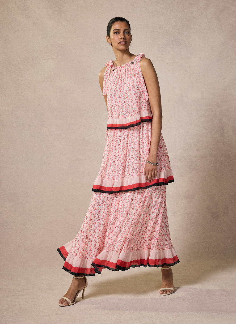 Pink Printed Tiered Midaxi Dress