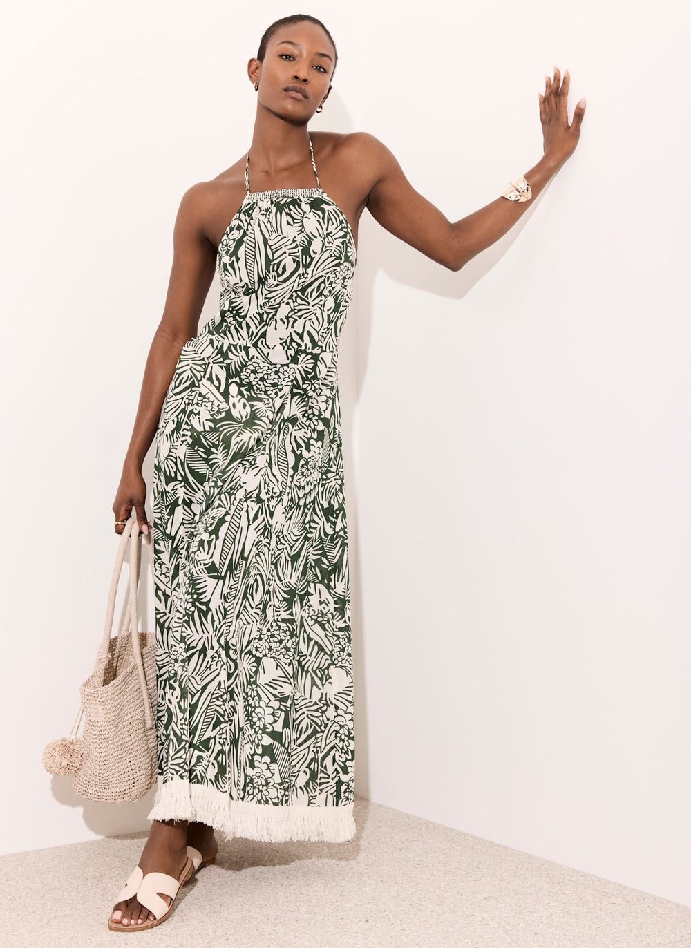 Green Printed Cotton Halterneck Maxi Dress