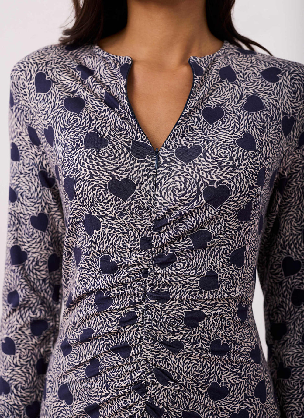 Navy Heart Print Zip Front Midi Dress