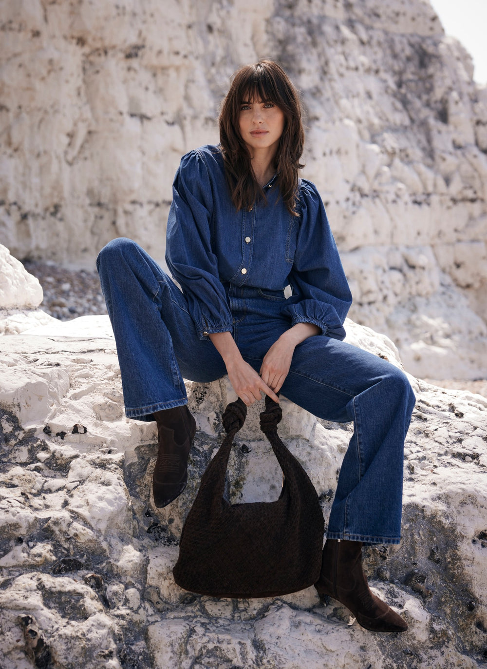 Indigo Wash Puff Sleeve Denim Blouse