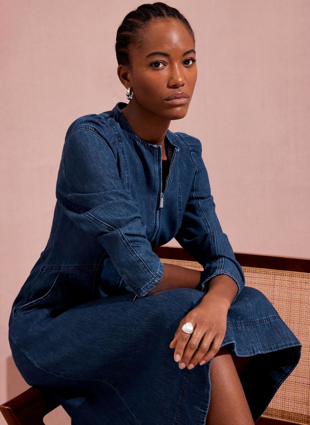 Indigo Puff Sleeve Denim Midi Dress