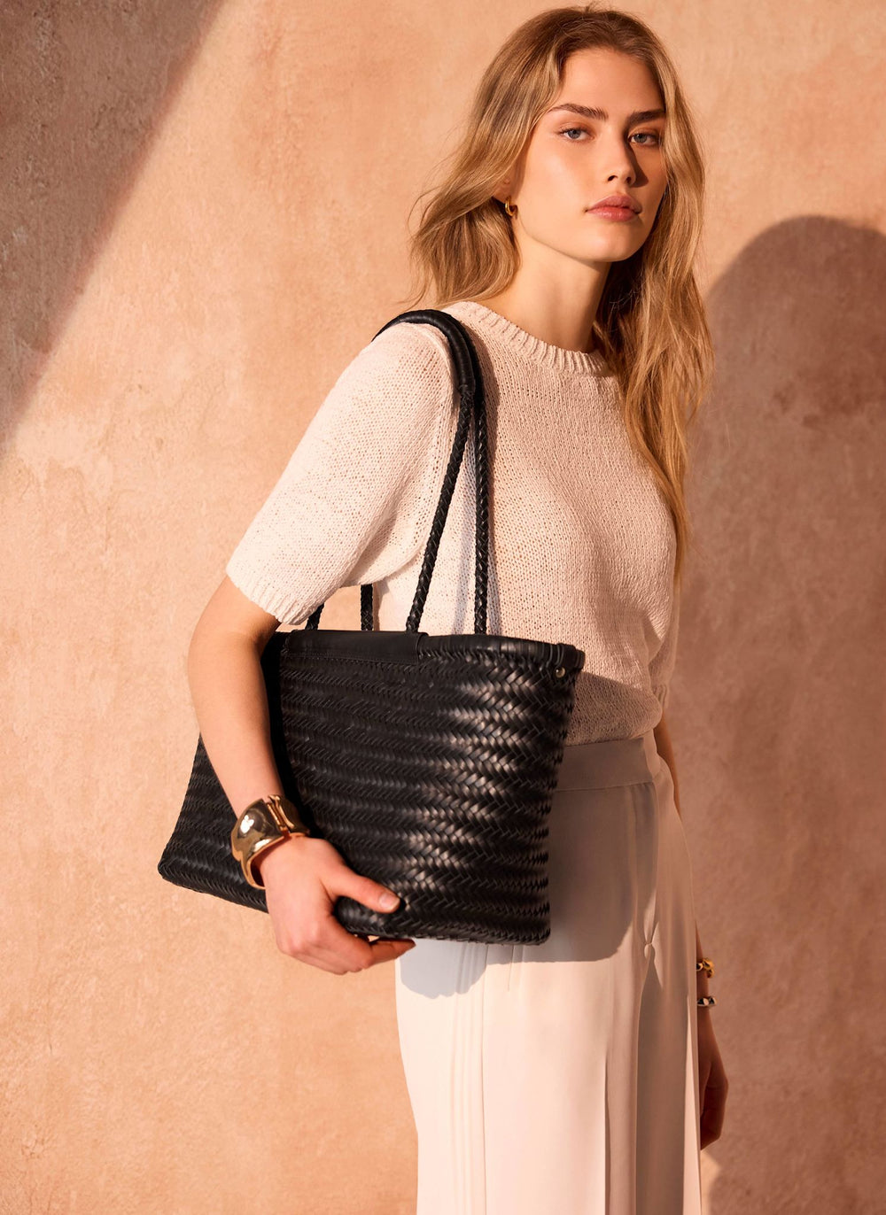Rae Black Leather Woven Tote Bag