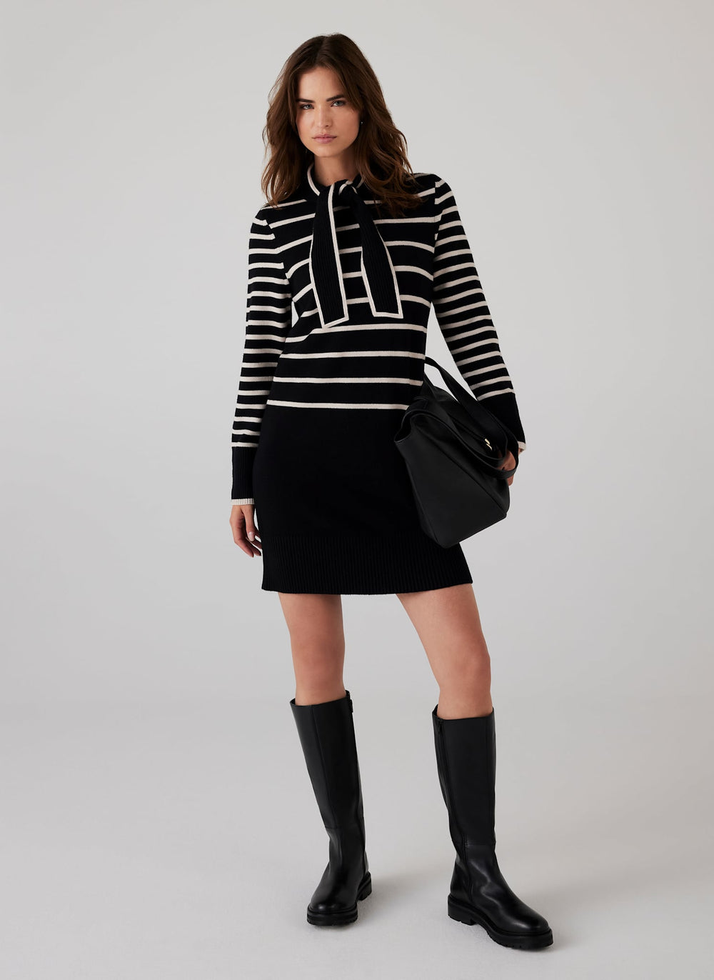 Black Striped Scarf Detail Knit Mini Dress