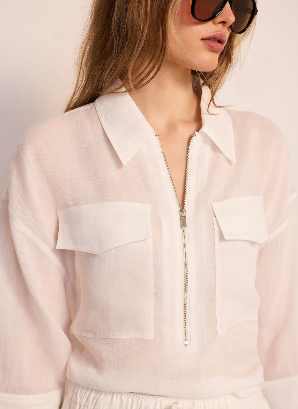 White Ramie Zip Bomber Blouse