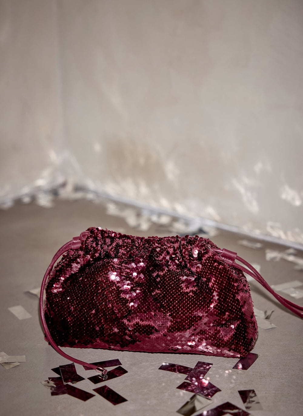 Raya Burgundy Sequin Drawstring Bag