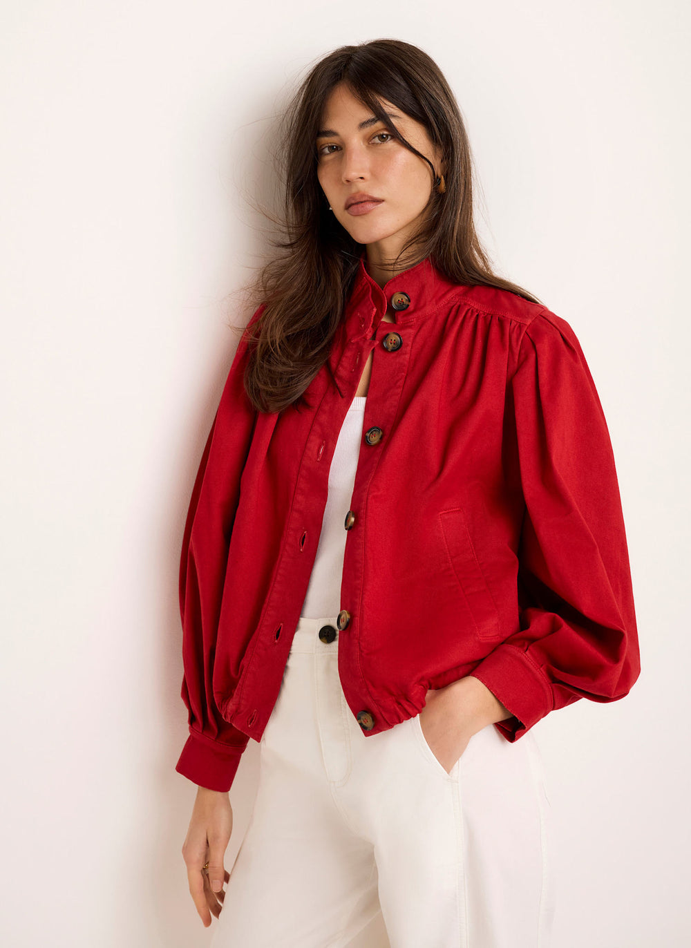 Red Cotton Blend Puff Sleeve Jacket