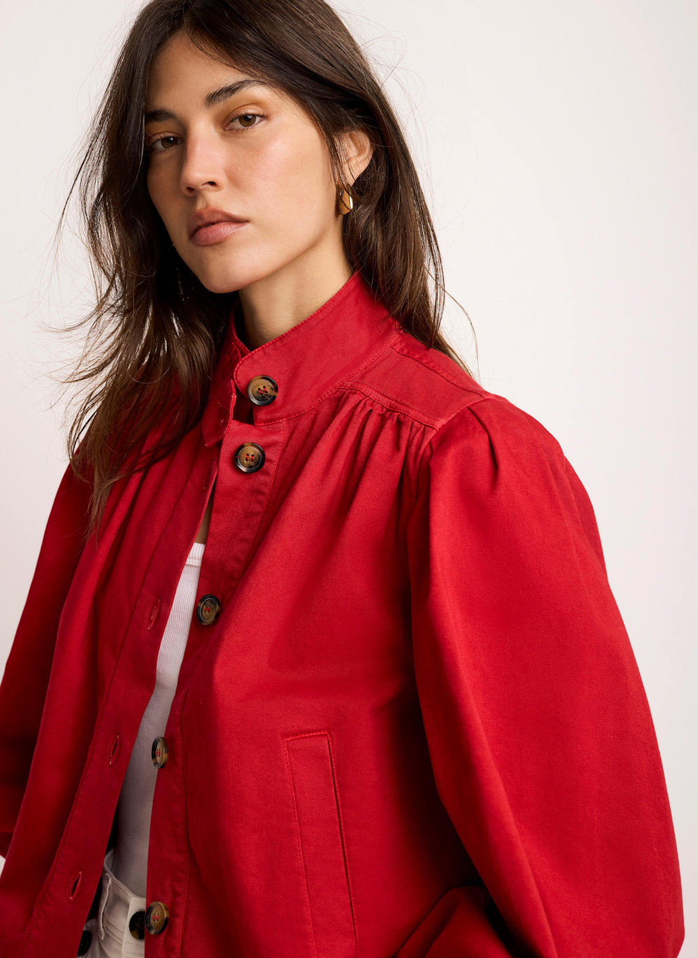 Red Cotton Blend Puff Sleeve Jacket