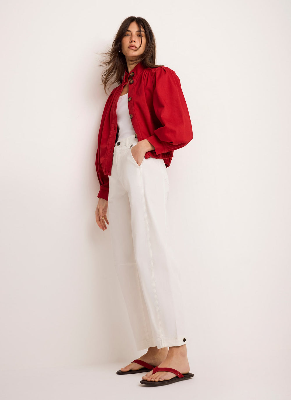 Red Cotton Blend Puff Sleeve Jacket