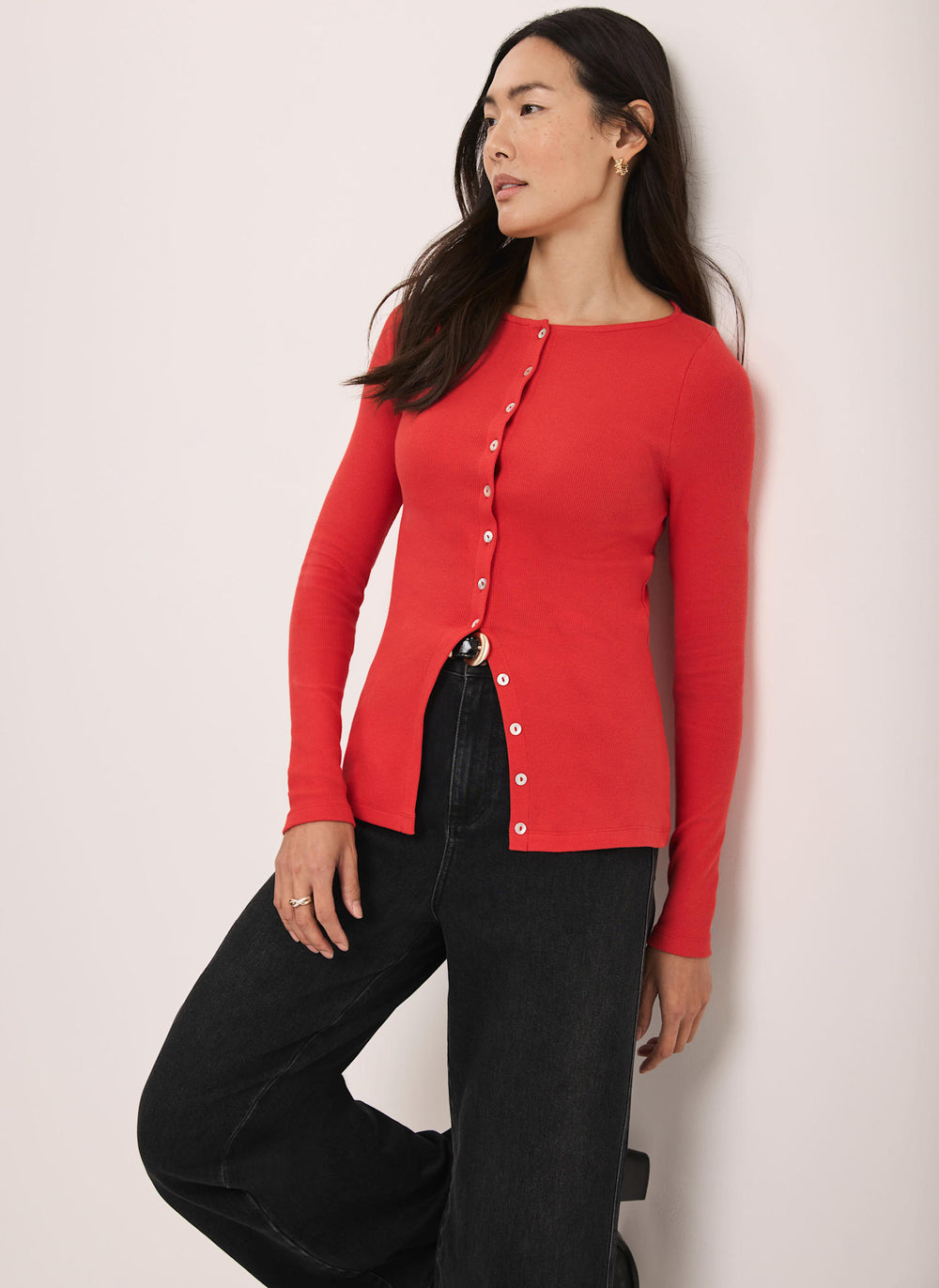 Red Cotton Blend Button Detail Top