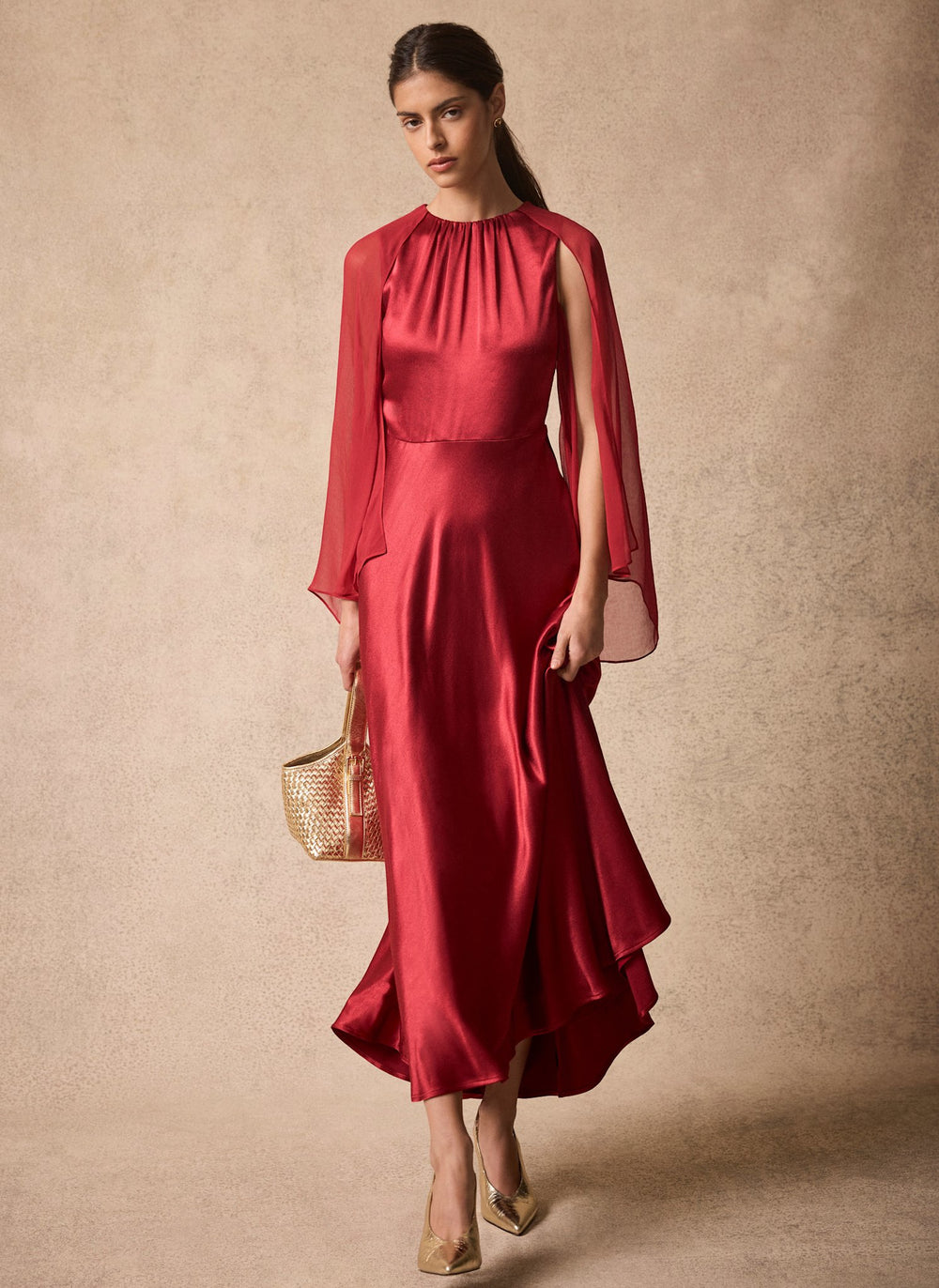 Red Cape Detail Maxi Dress