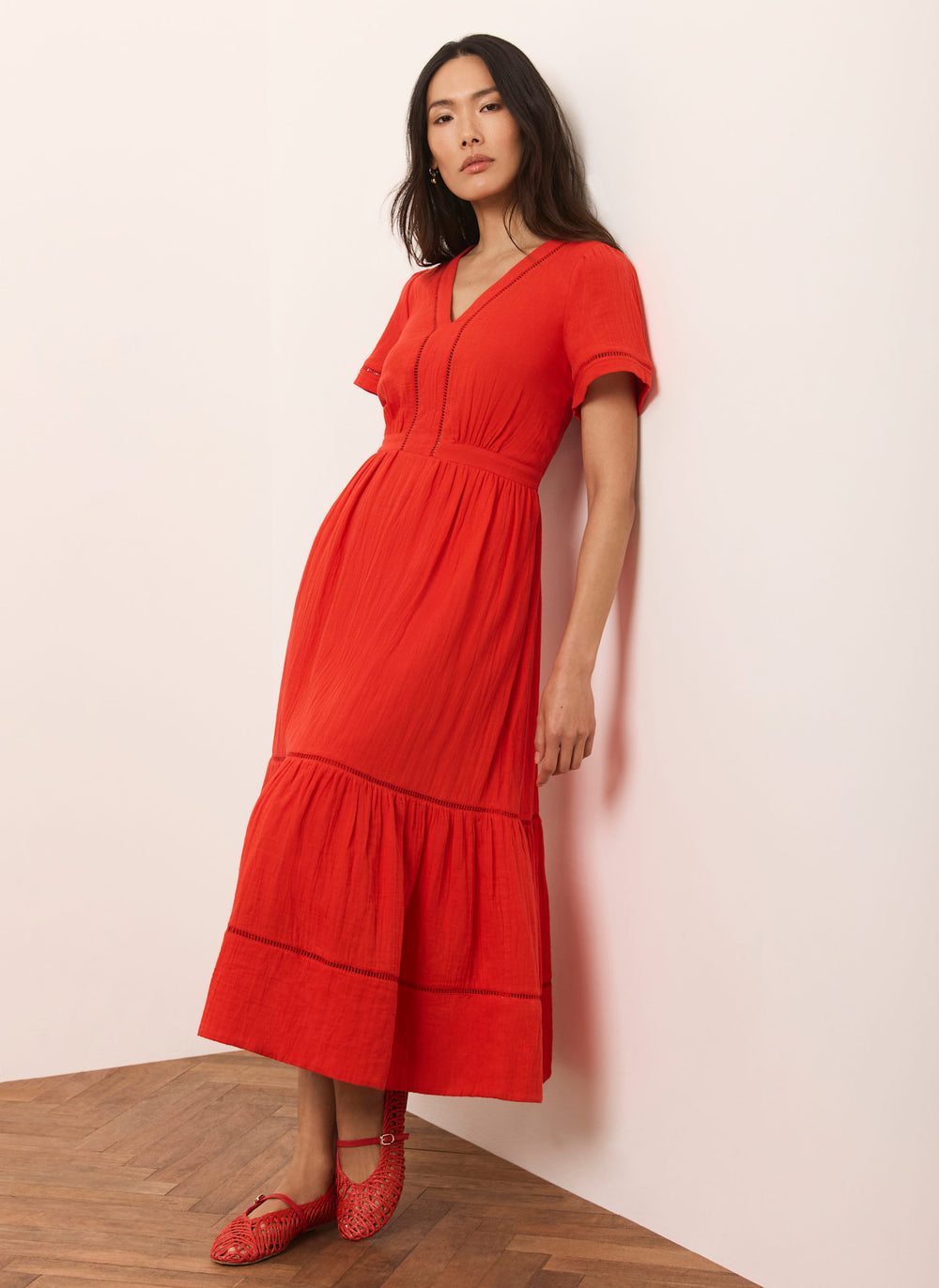 Red Cotton Cheesecloth Midi Dress