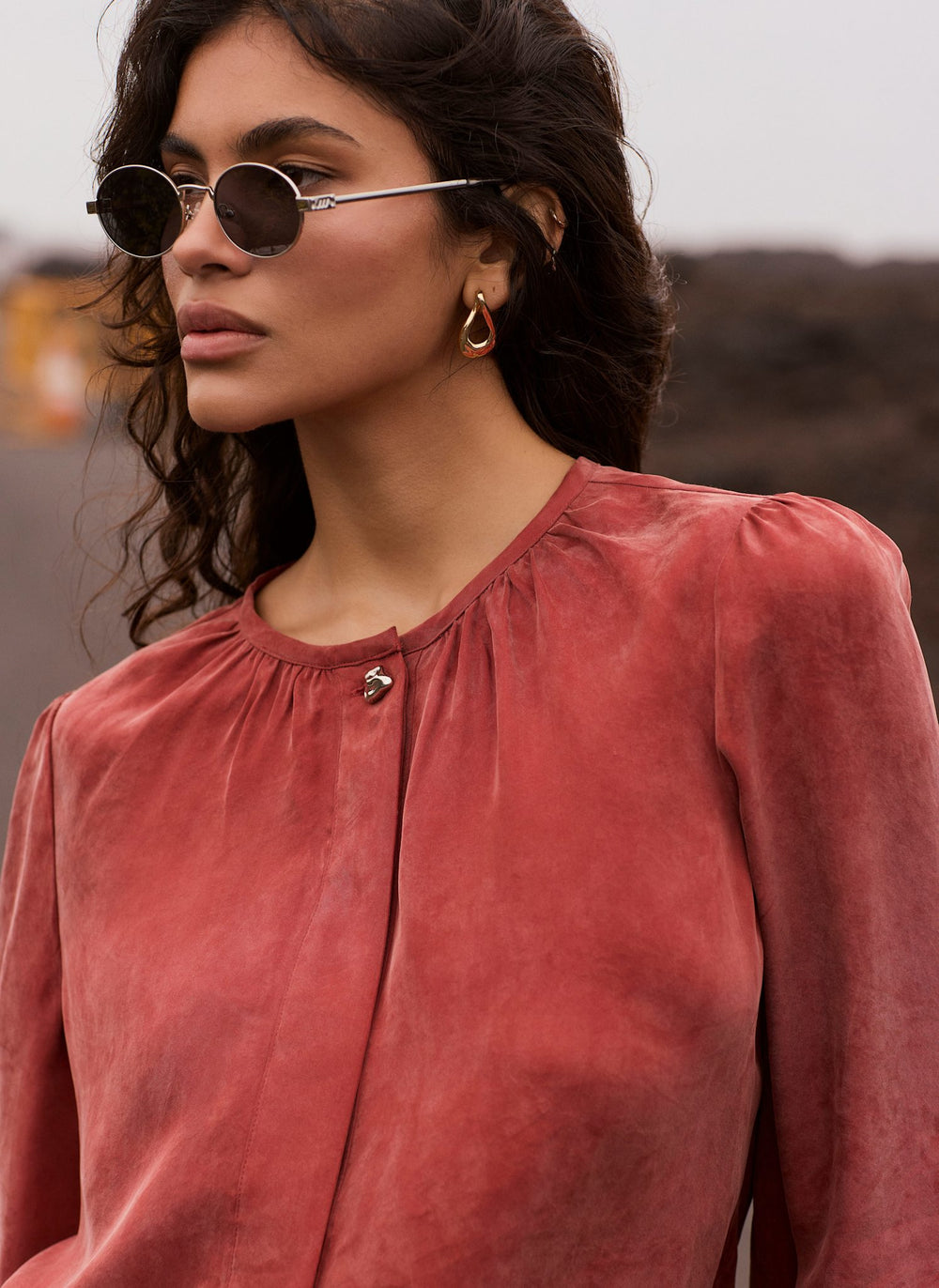Rust Red Long Sleeve Bomber Blouse