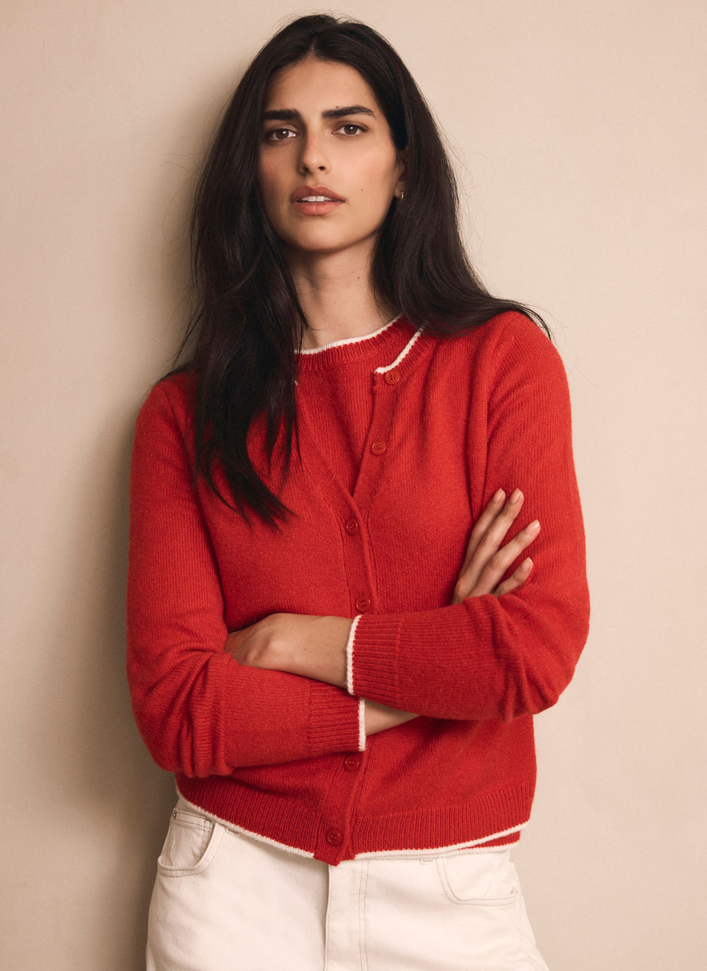 Red Layered Tipped Knit Cardigan