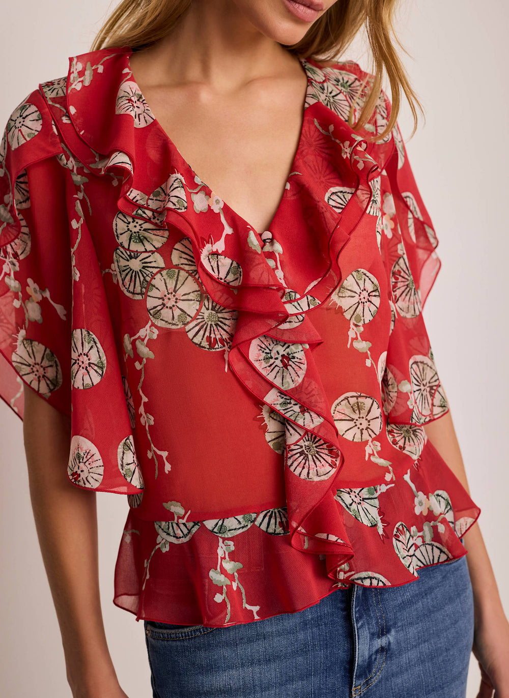 Red Printed Ruffle Blouse