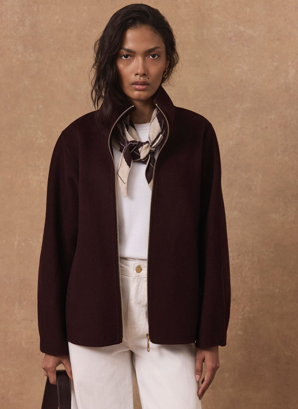 Burgundy Wool Blend Hand Finished Bomber Jacket